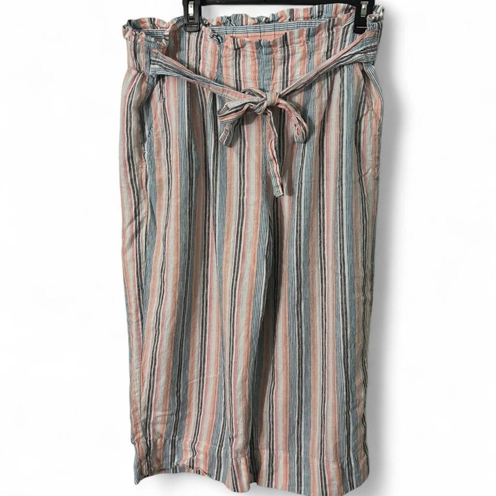 ZAC & RACHEL STRIPED LINEN CROPPED PANTS WITH TIE BELT DETAILING